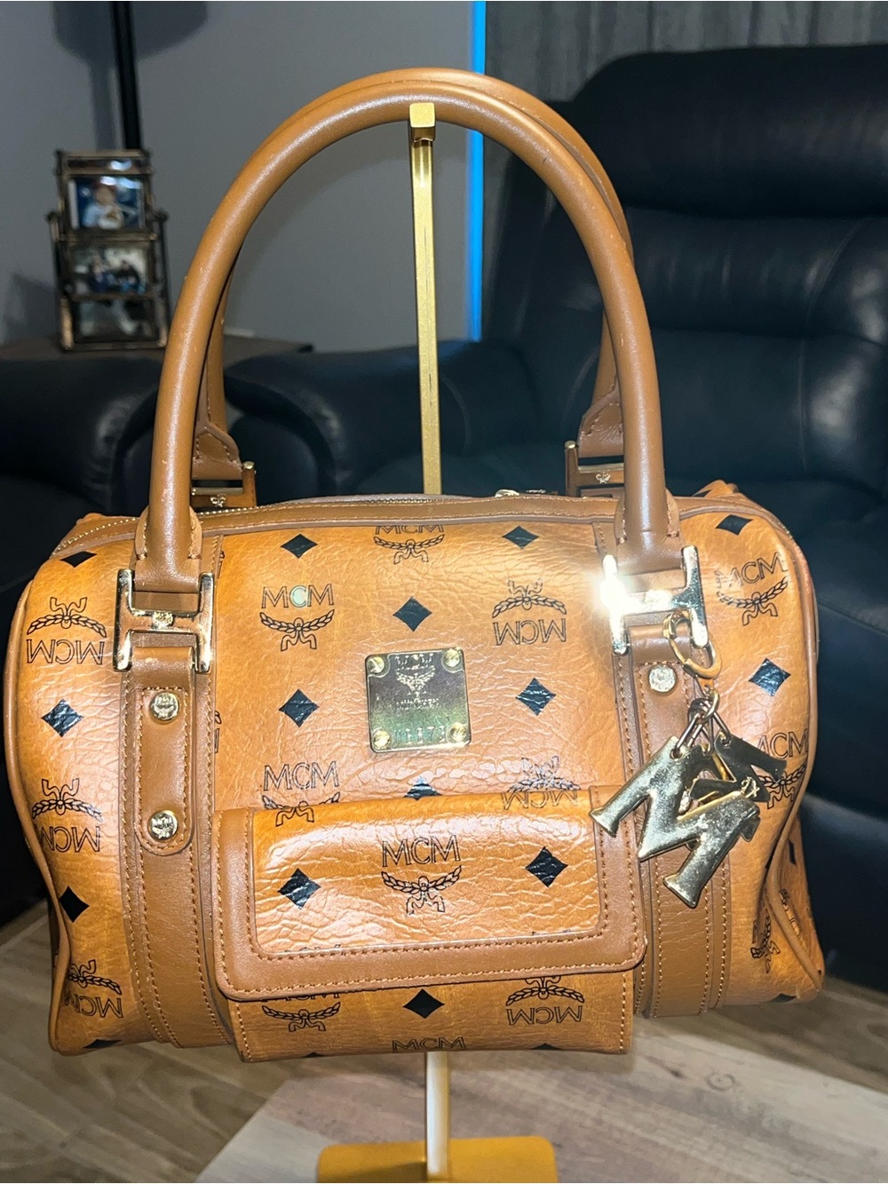 MCM Cognac Visetos Boston Satchel with Gold Charm